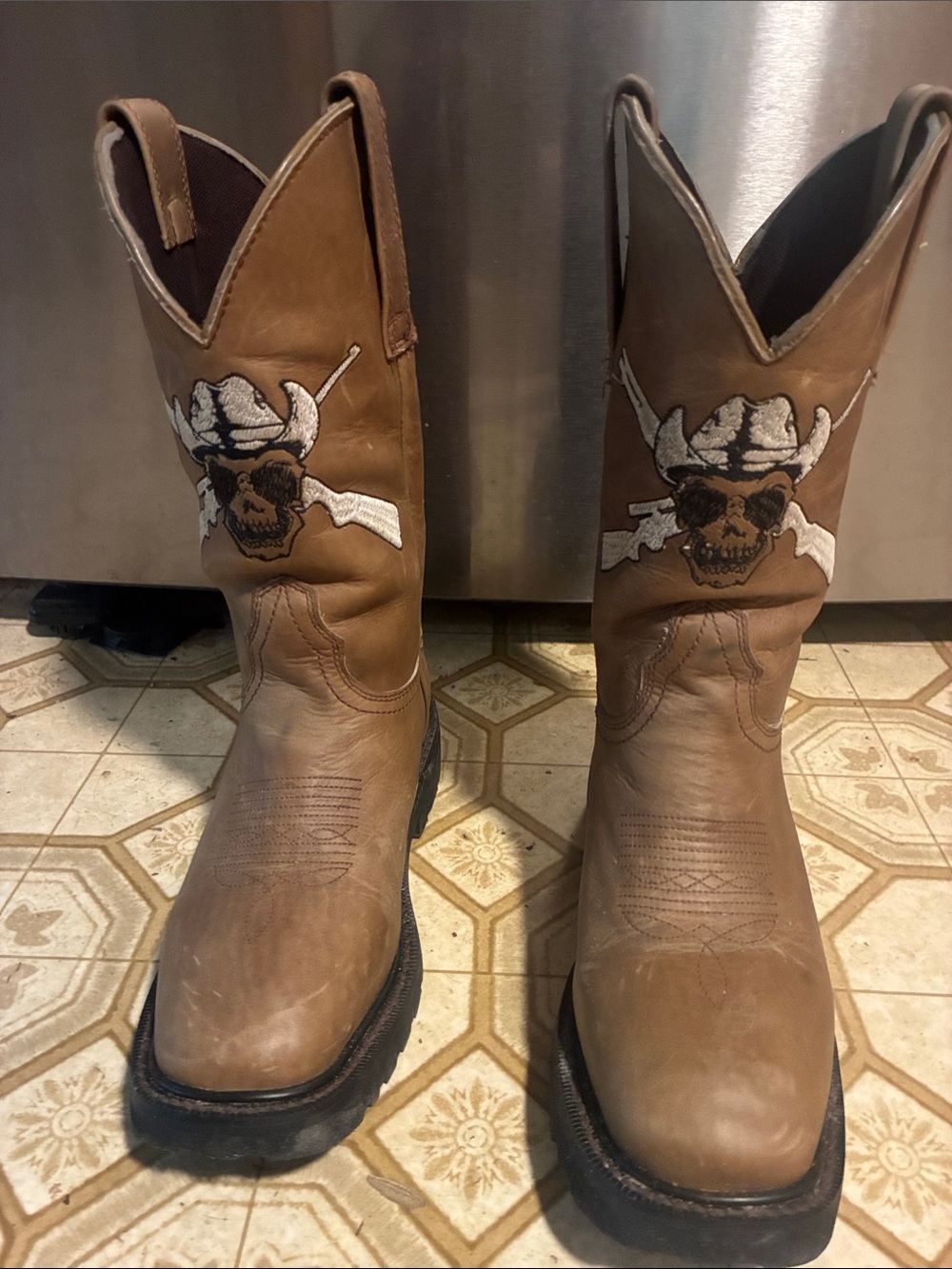 Weatherproof Brown Leather Western Work Boots with Embroidered Rifles